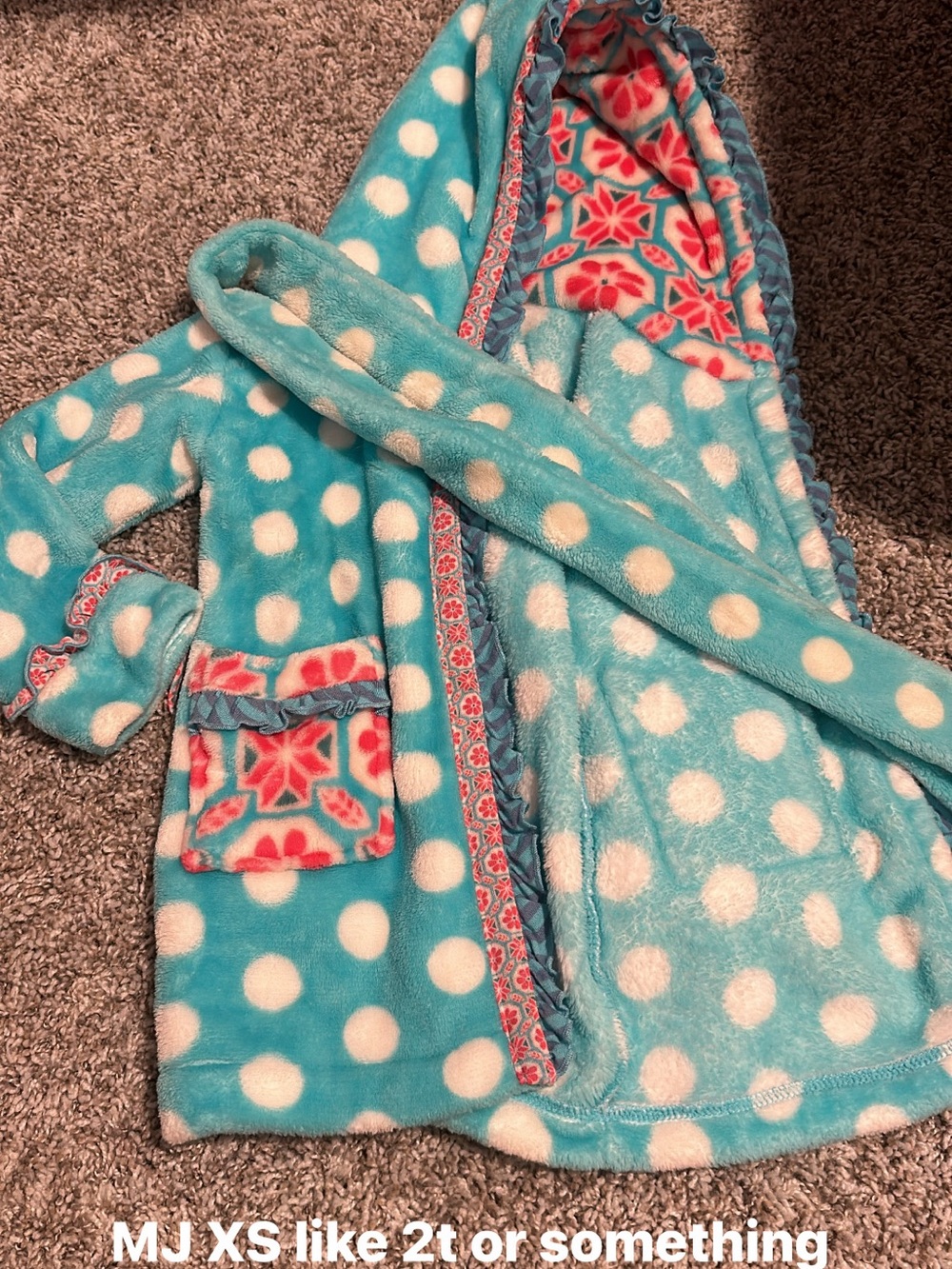 Matilda Jane Turquoise and White Polka Dot Plush Hooded Robe with Pink Accent